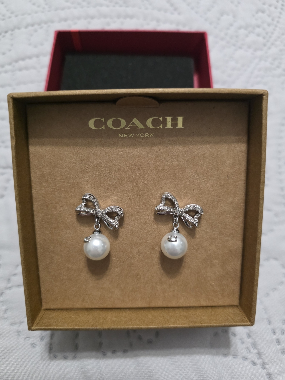 COACH Silver Crystal Bow with White Pearl Drop Earrings